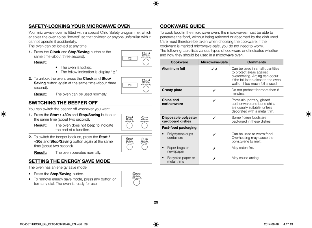 Samsung MC455THRCSR/SG manual SAFETY-LOCKING Your Microwave Oven, Switching the Beeper OFF, Setting the Energy Save Mode 