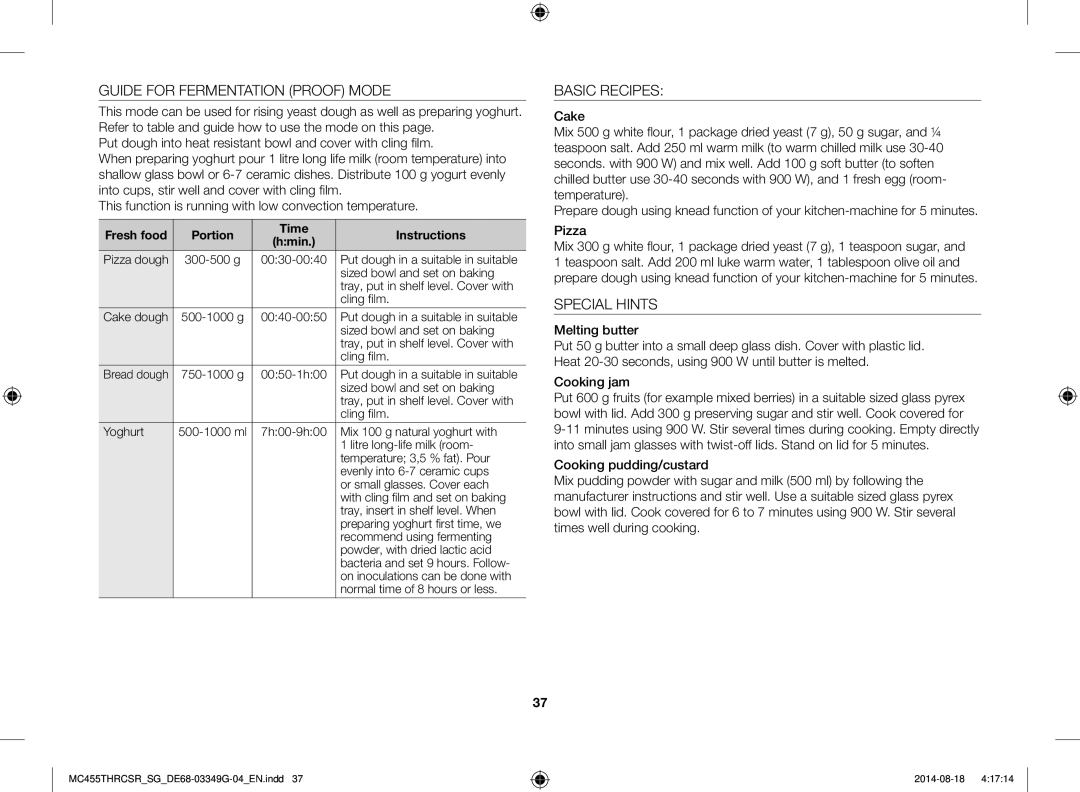 Samsung MC455THRCSR/SG manual Guide for Fermentation Proof Mode, Basic Recipes, Special Hints 