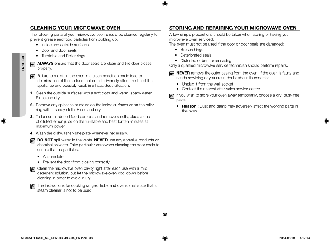 Samsung MC455THRCSR/SG manual Cleaning Your Microwave Oven, Storing and Repairing Your Microwave Oven 