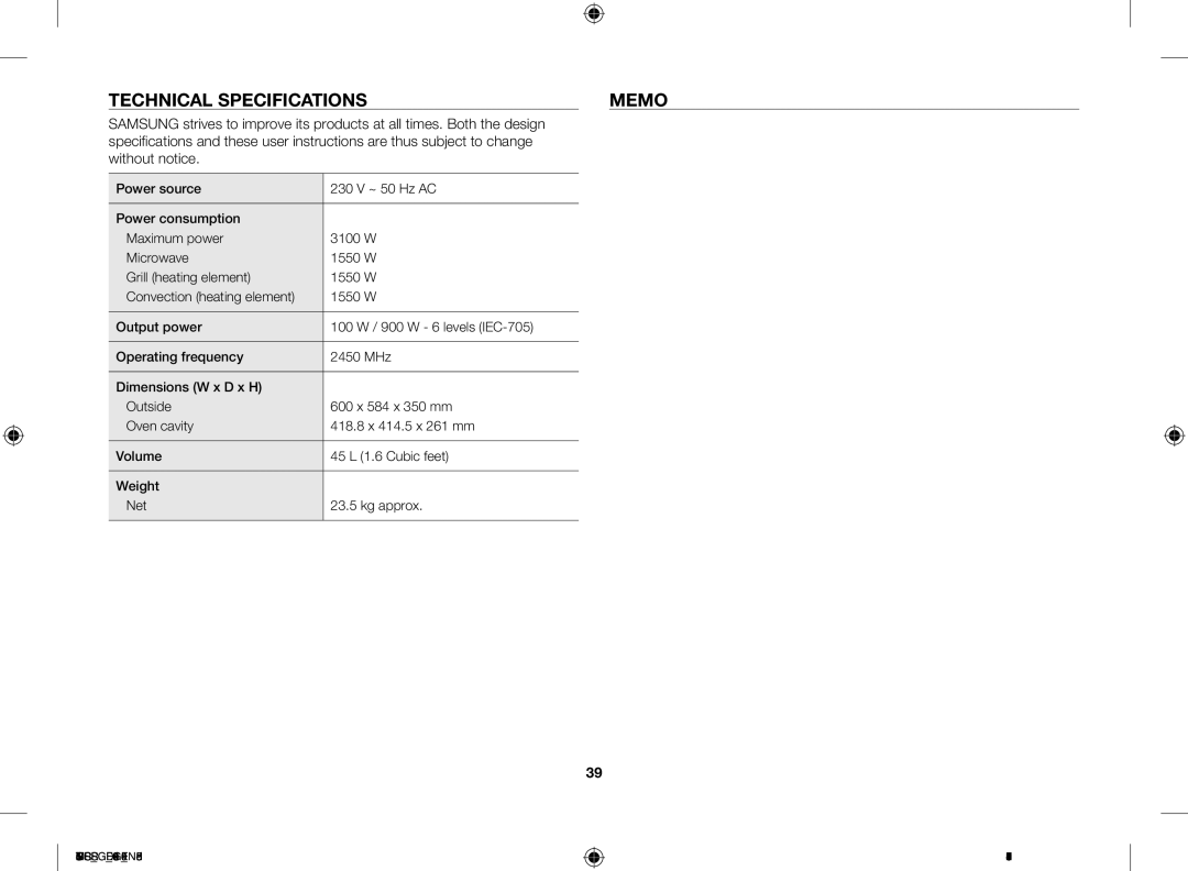 Samsung MC455THRCSR/SG manual Technical Specifications Memo, Are thus subject to change Without notice 