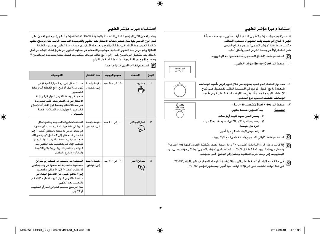 Samsung MC455THRCSR/SG manual يهطلا رشؤم تازيم مادختسا, يهطلا رشؤم ةزيم مادختسا, يهطلا رشؤم Sensor Cook رزلا طغضا 