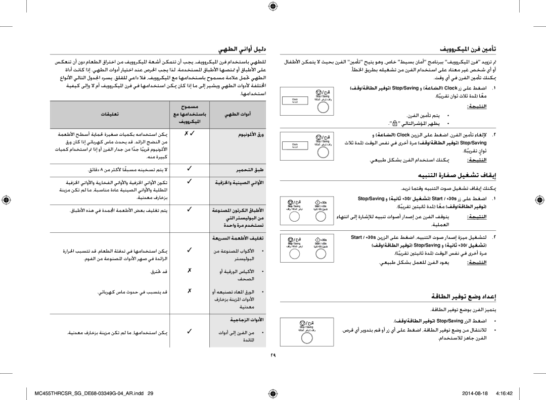 Samsung MC455THRCSR/SG manual يهطلا يناوأ ليلد, فيووركيلما نرف ينمأت, هيبنتلا ةرافص ليغشت فاقيإ, ةقاطلا ريفوت عضو دادعإ 