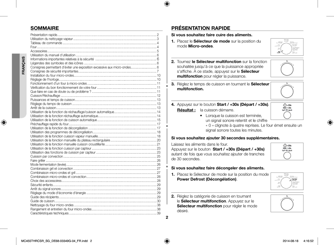 Samsung MC455THRCSR/SG manual Sommaire, Présentation Rapide, Si vous souhaitez faire cuire des aliments 