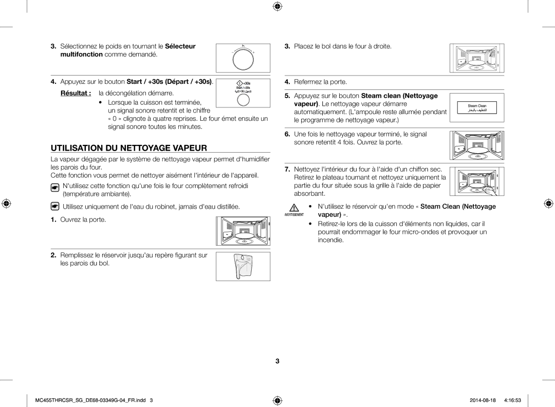 Samsung MC455THRCSR/SG manual Utilisation DU Nettoyage Vapeur, Résultat la décongélation démarre, Vapeur » 