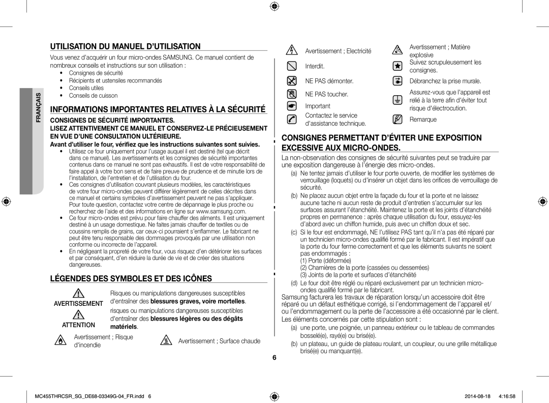 Samsung MC455THRCSR/SG Utilisation DU Manuel D’UTILISATION, Informations Importantes Relatives À LA Sécurité, Matériels 