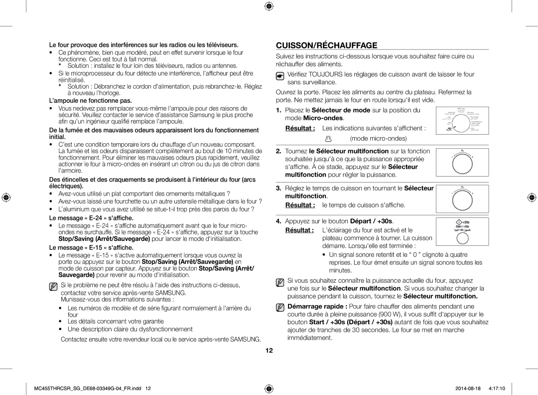 Samsung MC455THRCSR/SG manual Cuisson/Réchauffage, Le message « E-15 » saffiche, Multifonction 