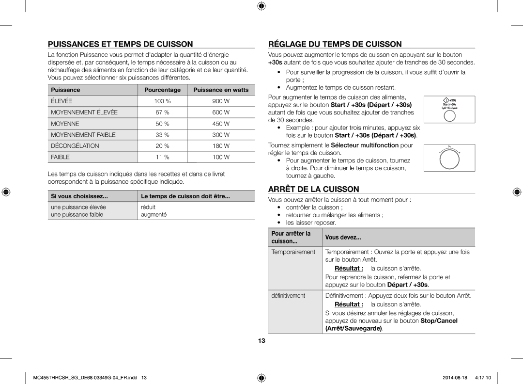 Samsung MC455THRCSR/SG manual Puissances ET Temps DE Cuisson, Réglage DU Temps DE Cuisson, Arrêt DE LA Cuisson 