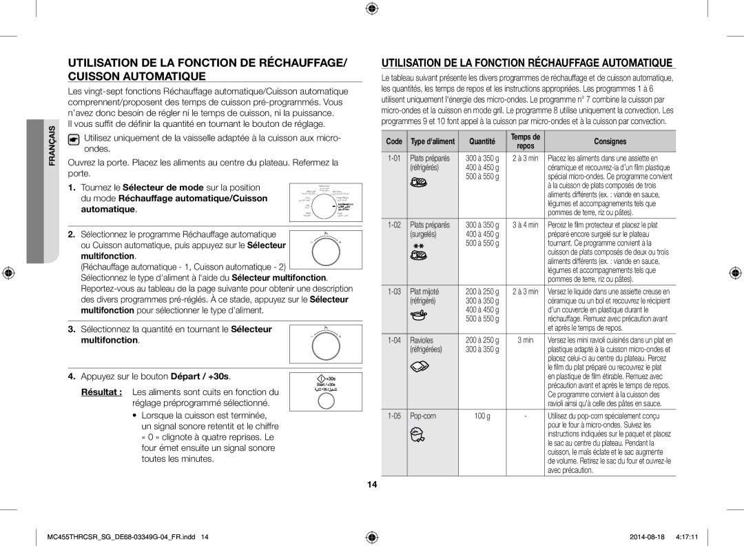 Samsung MC455THRCSR/SG manual Utilisation DE LA Fonction Réchauffage Automatique, Code, Quantité, Consignes 