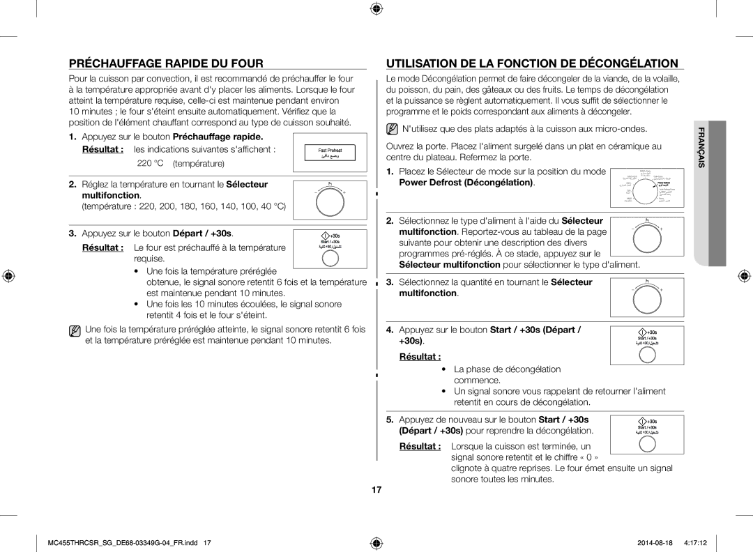 Samsung MC455THRCSR/SG manual Préchauffage Rapide DU Four, Utilisation DE LA Fonction DE Décongélation 