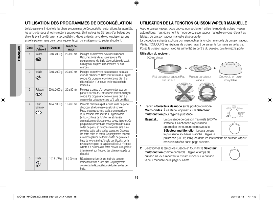 Samsung MC455THRCSR/SG Utilisation DES Programmes DE Décongélation, Utilisation DE LA Fonction Cuisson Vapeur Manuelle 