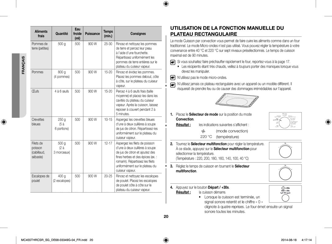 Samsung MC455THRCSR/SG Laide dune fourchette, Vapeur, Œufs, Minutes, Crevettes, Bleues, Filets de, Cabillaud, Sébaste 