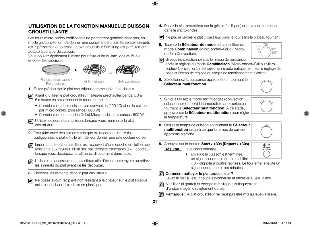 Samsung MC455THRCSR/SG manual Utilisation DE LA Fonction Manuelle Cuisson Croustillante, Grille inférieure 