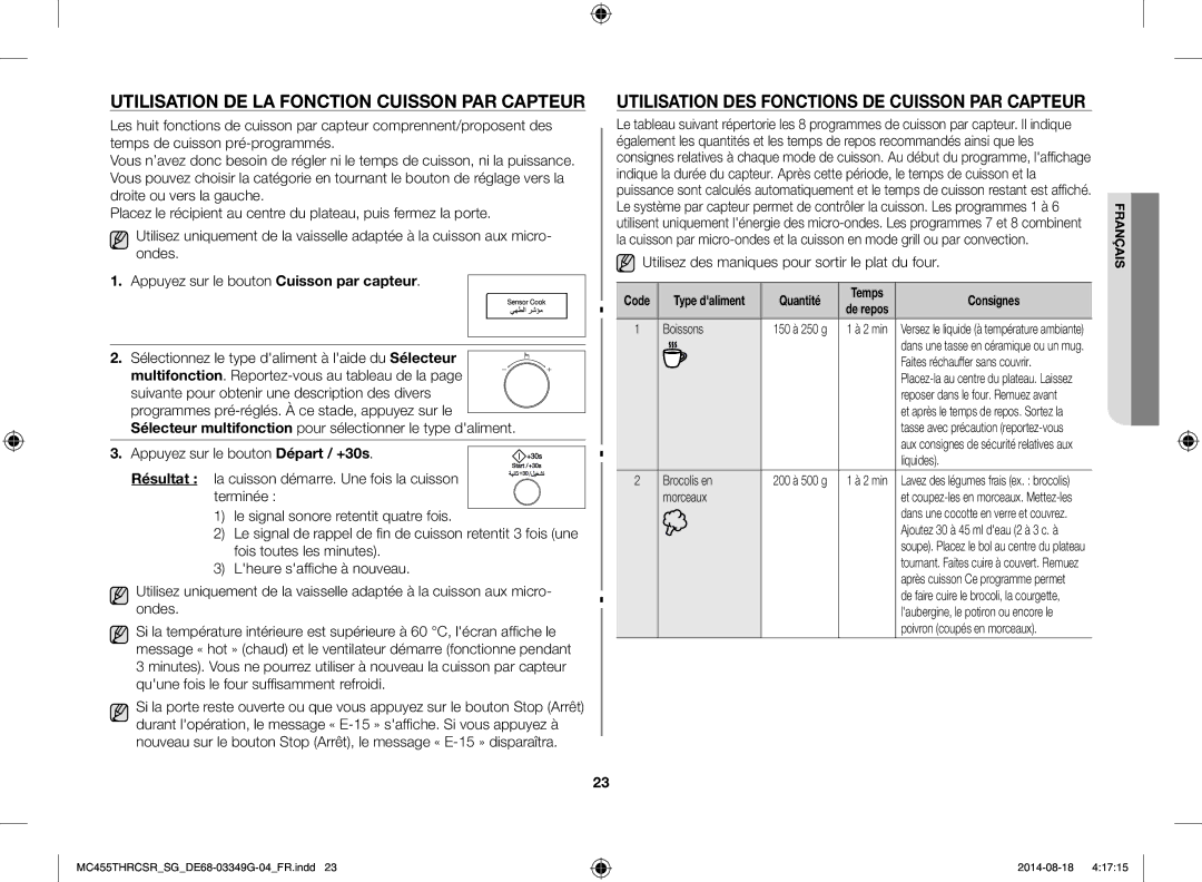 Samsung MC455THRCSR/SG Utilisation DE LA Fonction Cuisson PAR Capteur, Utilisez des maniques pour sortir le plat du four 