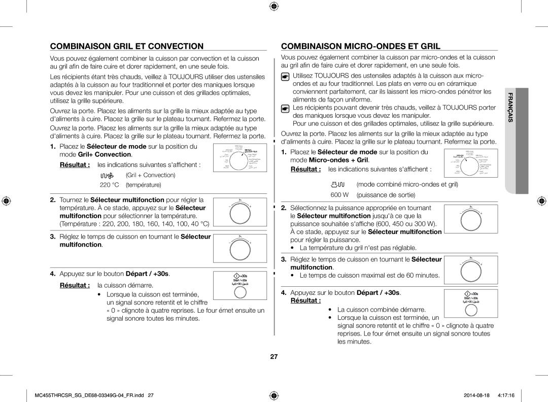 Samsung MC455THRCSR/SG manual Combinaison Gril ET Convection, Combinaison MICRO-ONDES ET Gril 