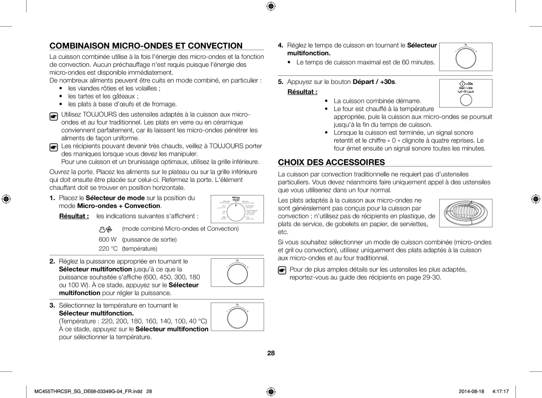 Samsung MC455THRCSR/SG manual Combinaison MICRO-ONDES ET Convection, Choix DES Accessoires, Sélecteur multifonction 