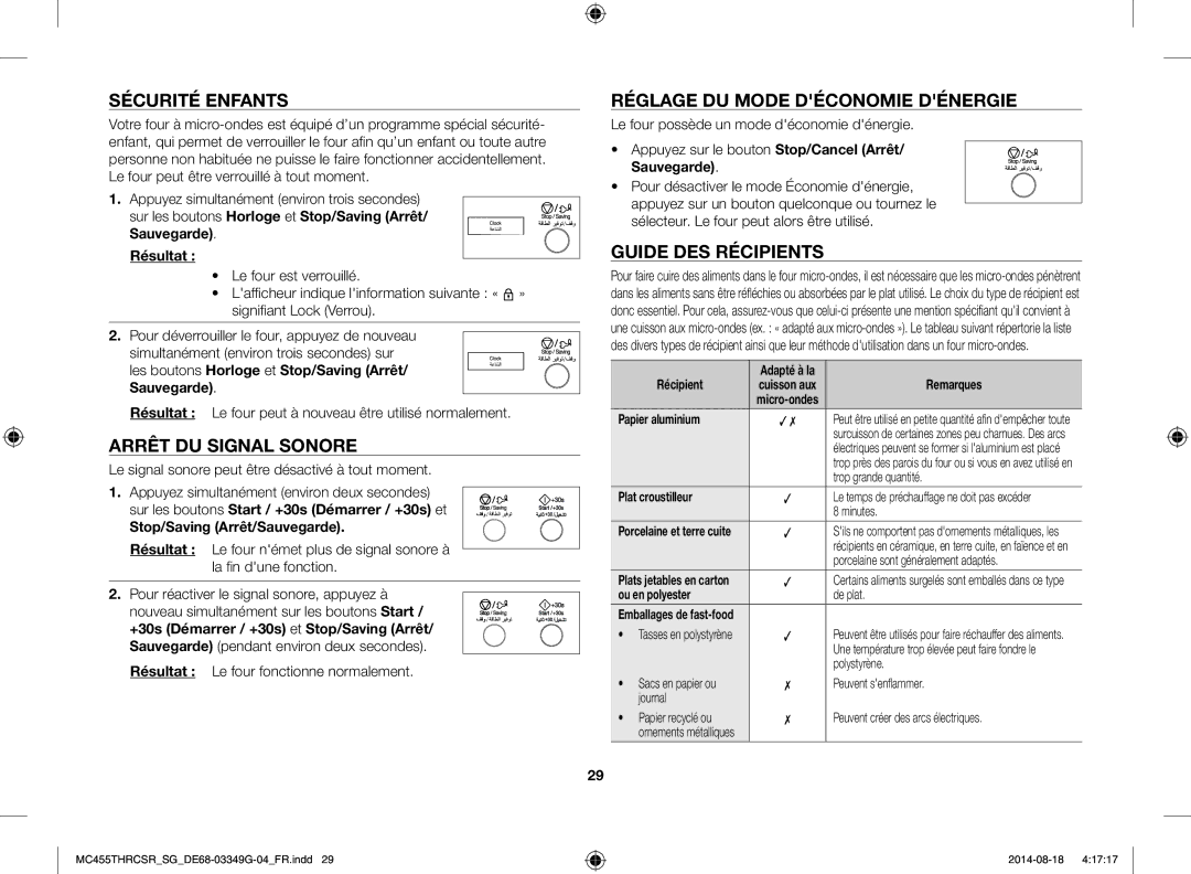 Samsung MC455THRCSR/SG Sécurité Enfants, Arrêt DU Signal Sonore, Réglage DU Mode Déconomie Dénergie, Guide DES Récipients 