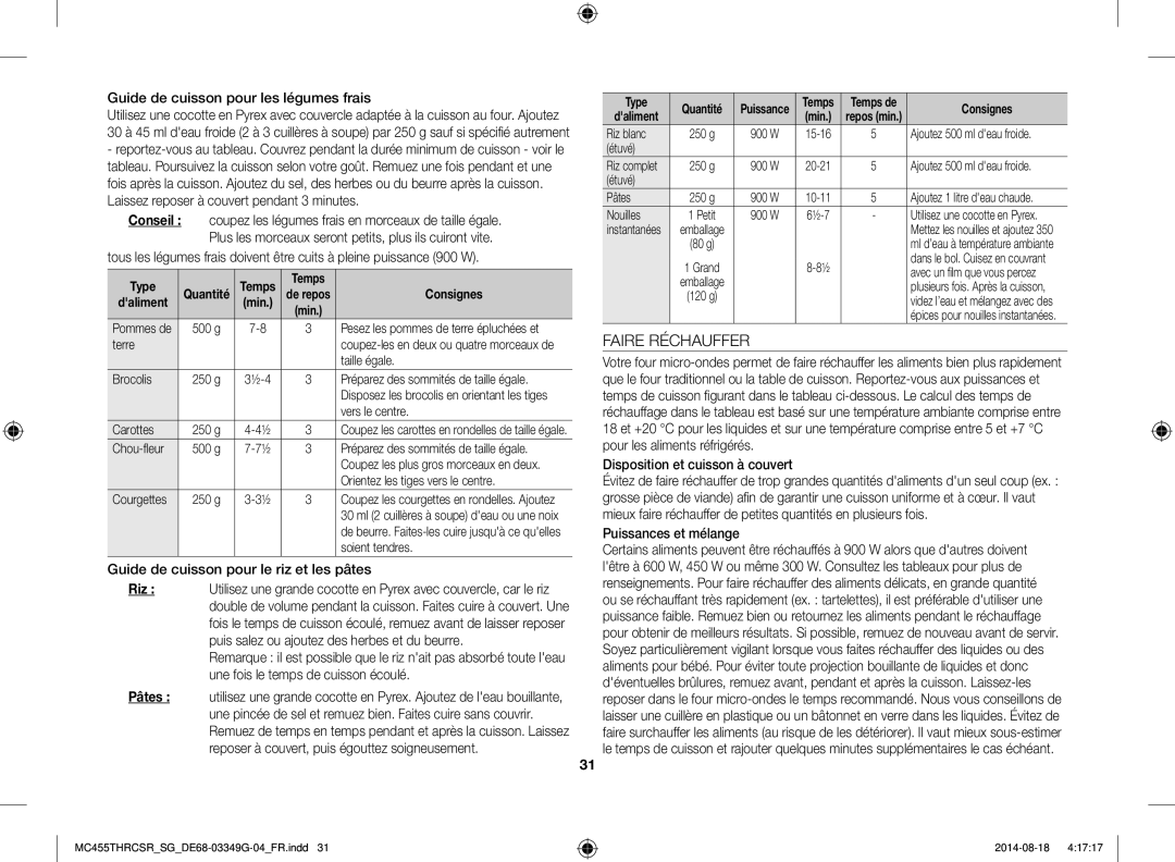 Samsung MC455THRCSR/SG manual Faire Réchauffer, Guide de cuisson pour les légumes frais, Disposition et cuisson à couvert 