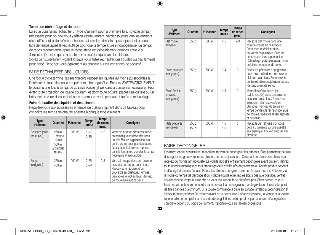 Samsung MC455THRCSR/SG manual Faire Réchauffer DES Liquides, Faire Décongeler, Temps de réchauffage et de repos 