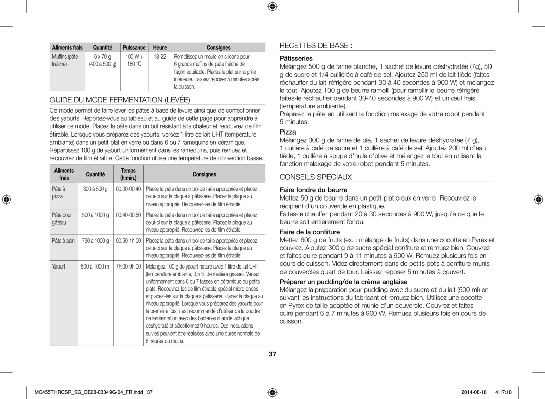 Samsung MC455THRCSR/SG manual Guide DU Mode Fermentation Levée, Recettes DE Base, Conseils Spéciaux 