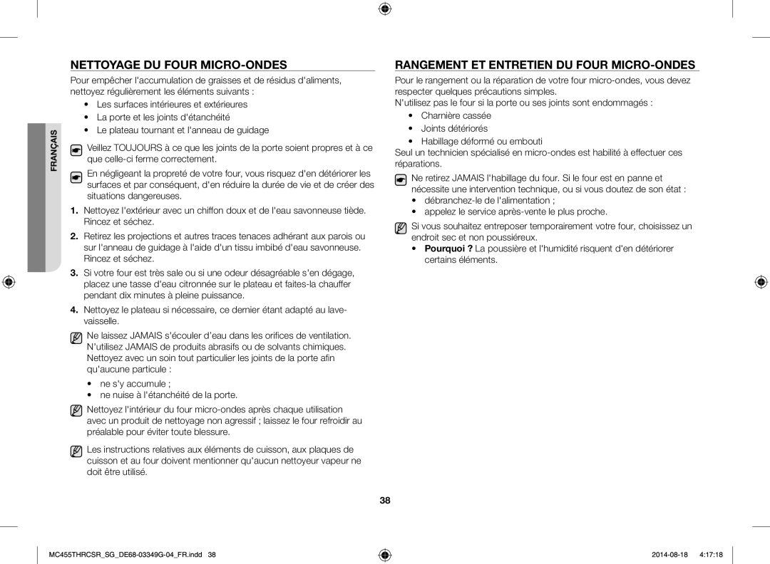 Samsung MC455THRCSR/SG manual Nettoyage DU Four MICRO-ONDES, Rangement ET Entretien DU Four MICRO-ONDES 