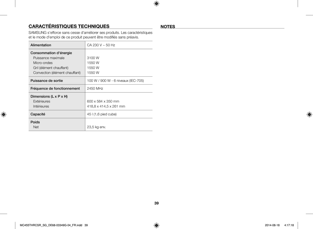 Samsung MC455THRCSR/SG manual Caractéristiques Techniques, Préavis, Capacité 45 l 1,6 pied cube Poids Net 23,5 kg env 