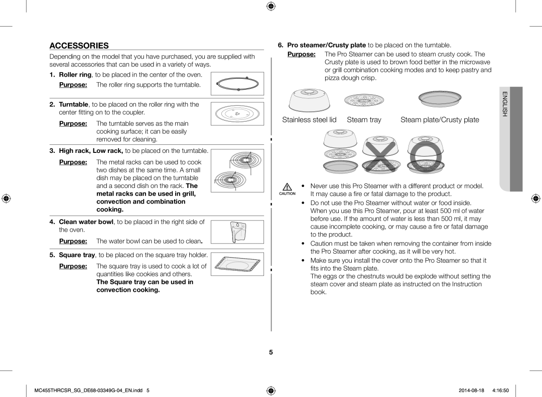 Samsung MC455THRCSR/SG manual Accessories, Stainless steel lid Steam tray Steam plate/Crusty plate 