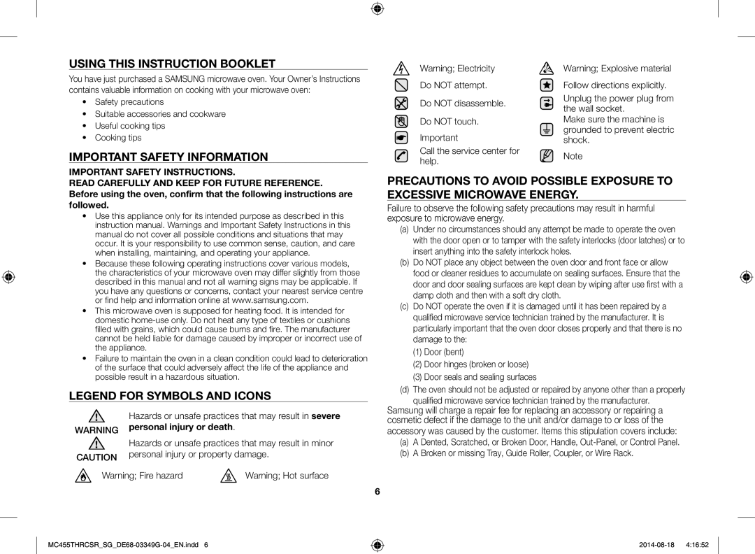 Samsung MC455THRCSR/SG Using this Instruction Booklet, Important Safety Information, Personal injury or property damage 