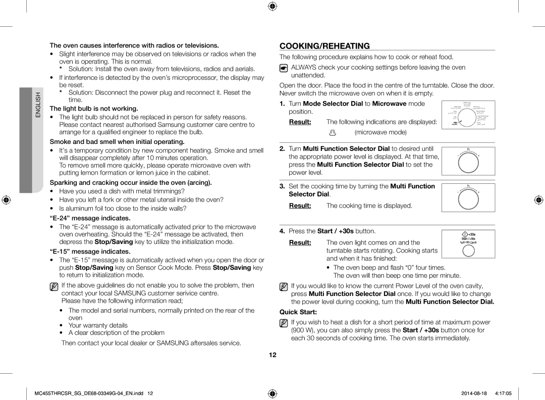 Samsung MC455THRCSR/SG manual Cooking/Reheating, Quick Start 