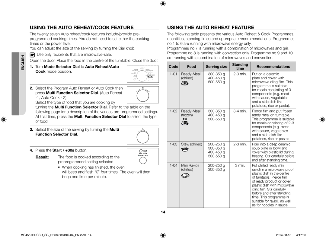 Samsung MC455THRCSR/SG manual Using the Auto REHEAT/COOK Feature, Using the Auto Reheat Feature 