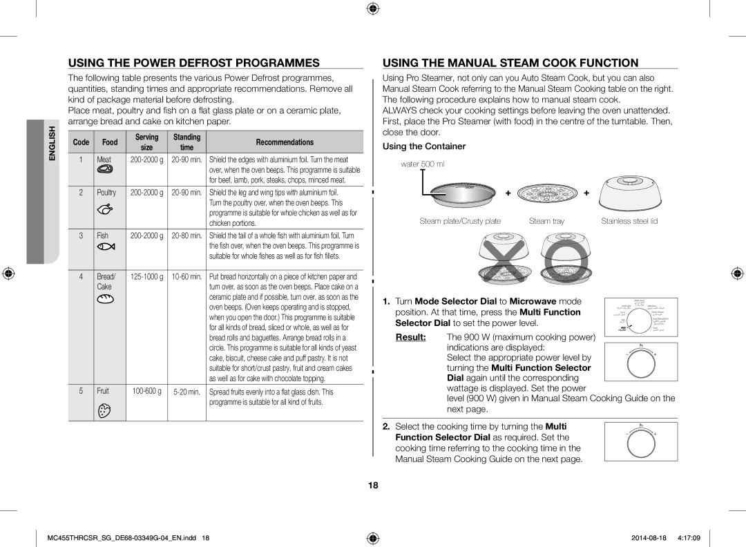 Samsung MC455THRCSR/SG manual Using the Power Defrost Programmes, Using the Manual Steam Cook Function, Code Food 