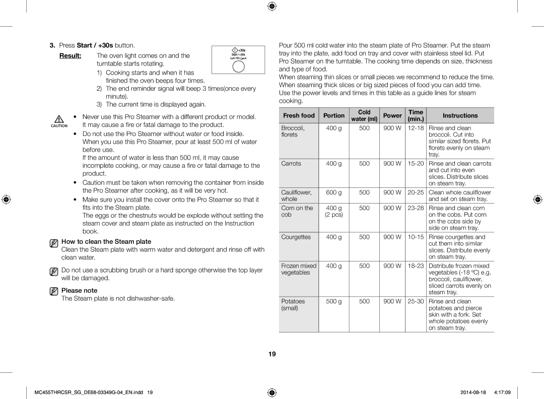 Samsung MC455THRCSR/SG manual Fresh food Portion Cold Power Time Instructions, Min 