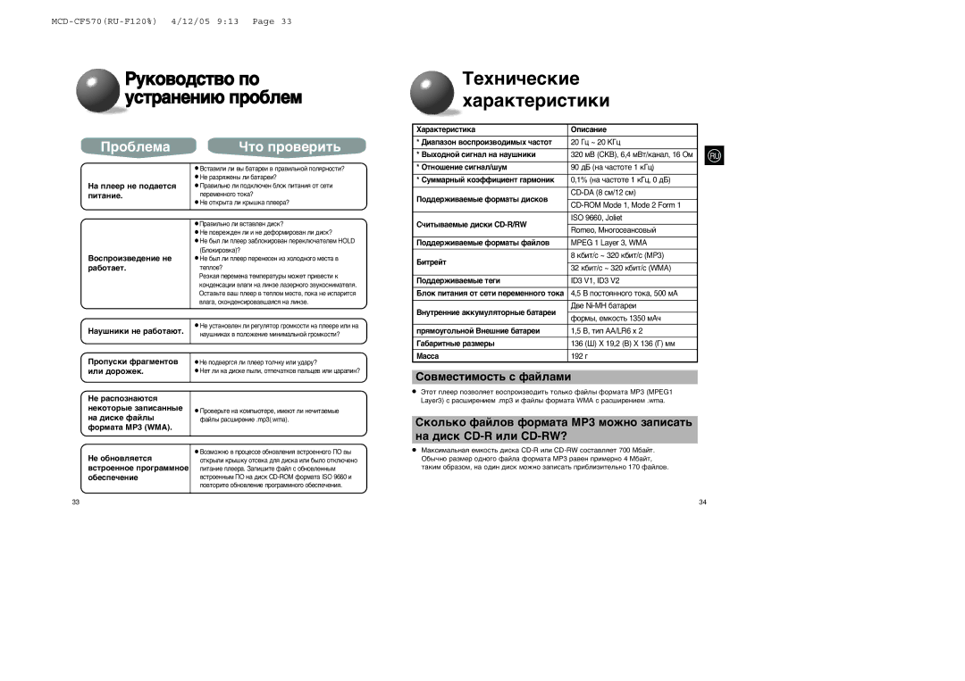 Samsung MCD-CF570/XFO manual ÂıÌË˜ÂÒÍËÂ ı‡‡ÍÚÂËÒÚËÍË, Ó·Îâï‡, ‚Ïâòúëïóòú¸ Ò Ù‡Èî‡Ïë 