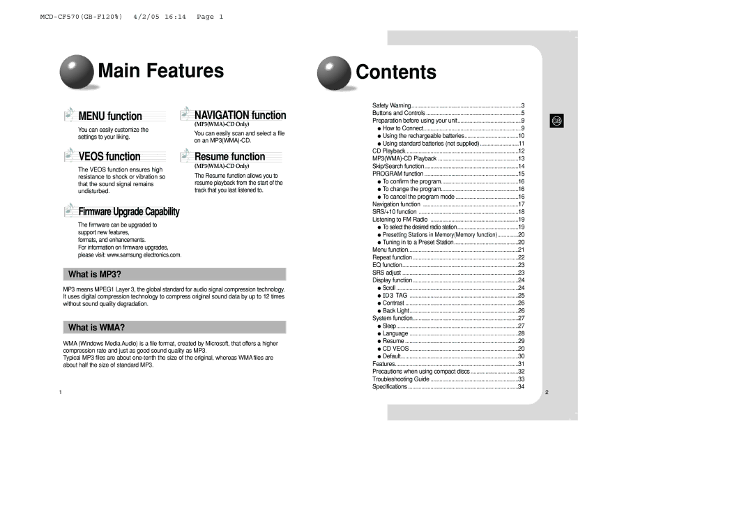 Samsung MCD-CF570/XFO manual Main Features Contents 