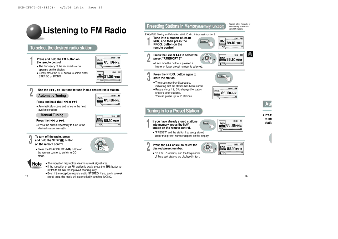 Samsung MCD-CF570/XFO manual Listening to FM Radio, To select the desired radio station, Aut Tuning in to a Preset Station 