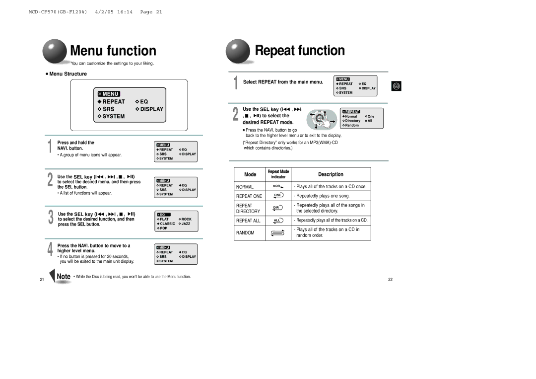 Samsung MCD-CF570/XFO manual Menu function, Repeat function, Menu Structure 