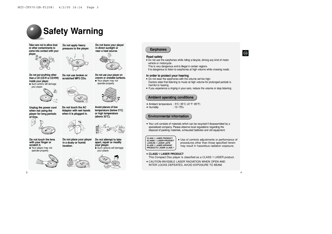 Samsung MCD-CF570/XFO manual Safety Warning, Earphones, Ambient operating conditions, Environmental information 