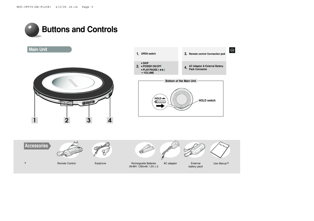 Samsung MCD-CF570/XFO manual Buttons and Controls, Accessories, Bottom of the Main Unit Hold switch 