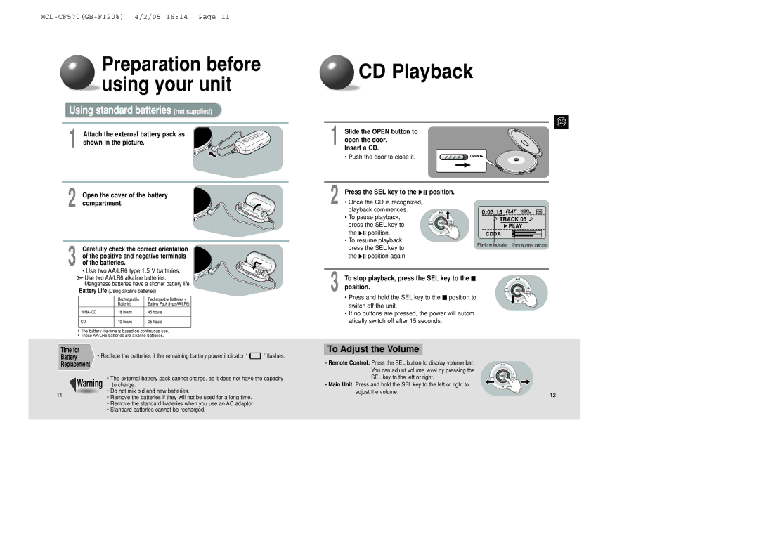 Samsung MCD-CF570/XFO manual CD Playback, Using standard batteries not supplied, To Adjust the Volume 