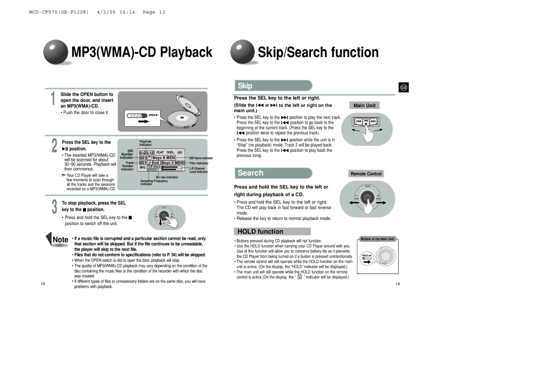 Samsung MCD-CF570/XFO manual Skip, Hold function, Press the SEL key to the left or right, Main Unit 