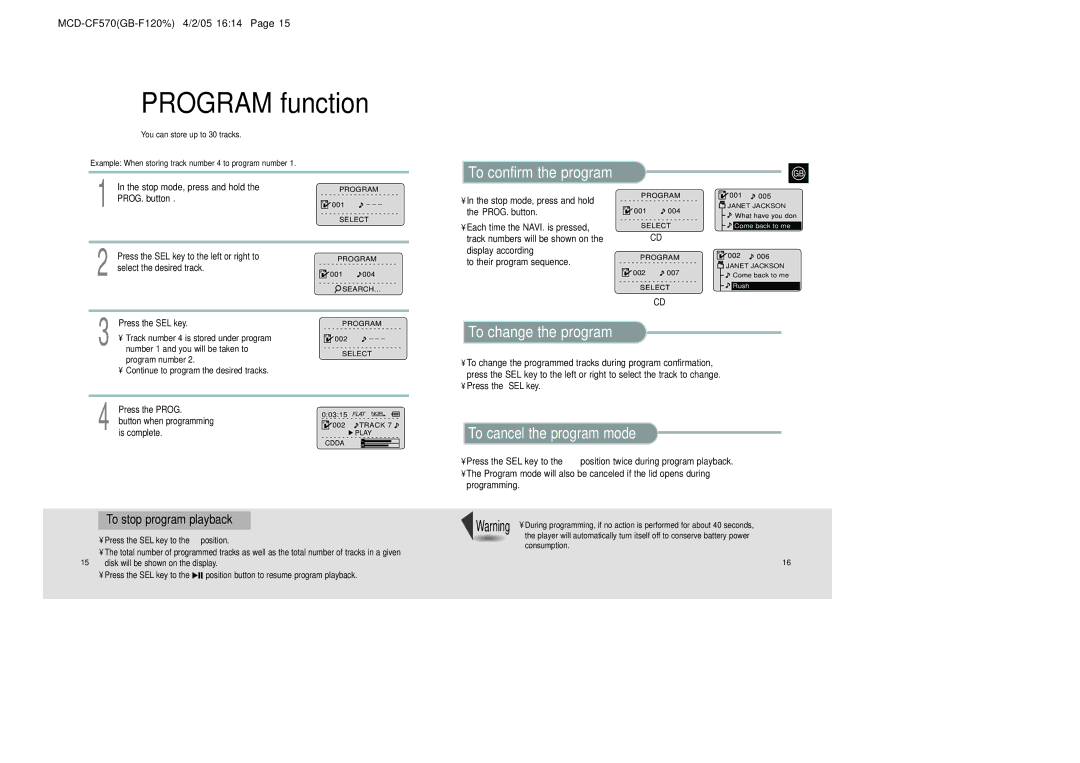 Samsung MCD-CF570/XFO manual Program function, To confirm the program, To change the program, To cancel the program mode 