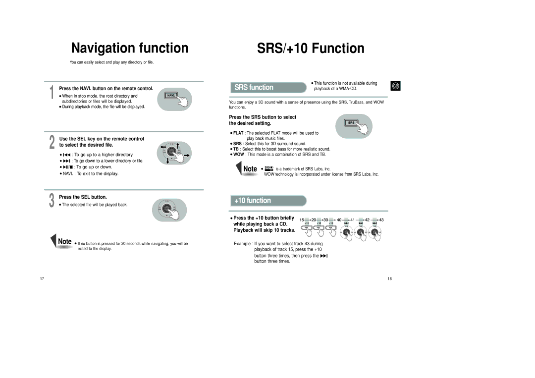 Samsung MCD-CF570/XFO manual Navigation function, SRS/+10 Function, SRS function, +10 function 