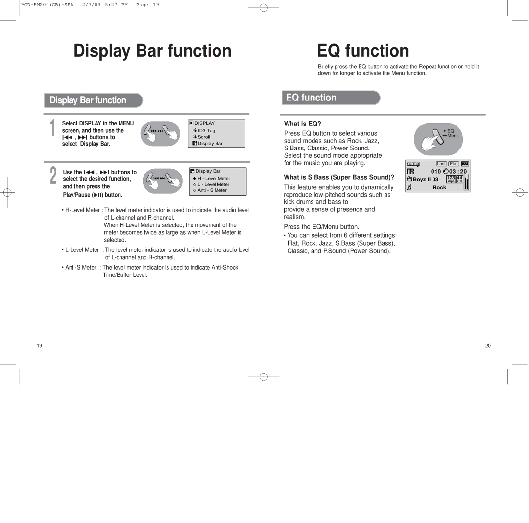 Samsung MCD-HM200 instruction manual Display Bar function, EQ function 