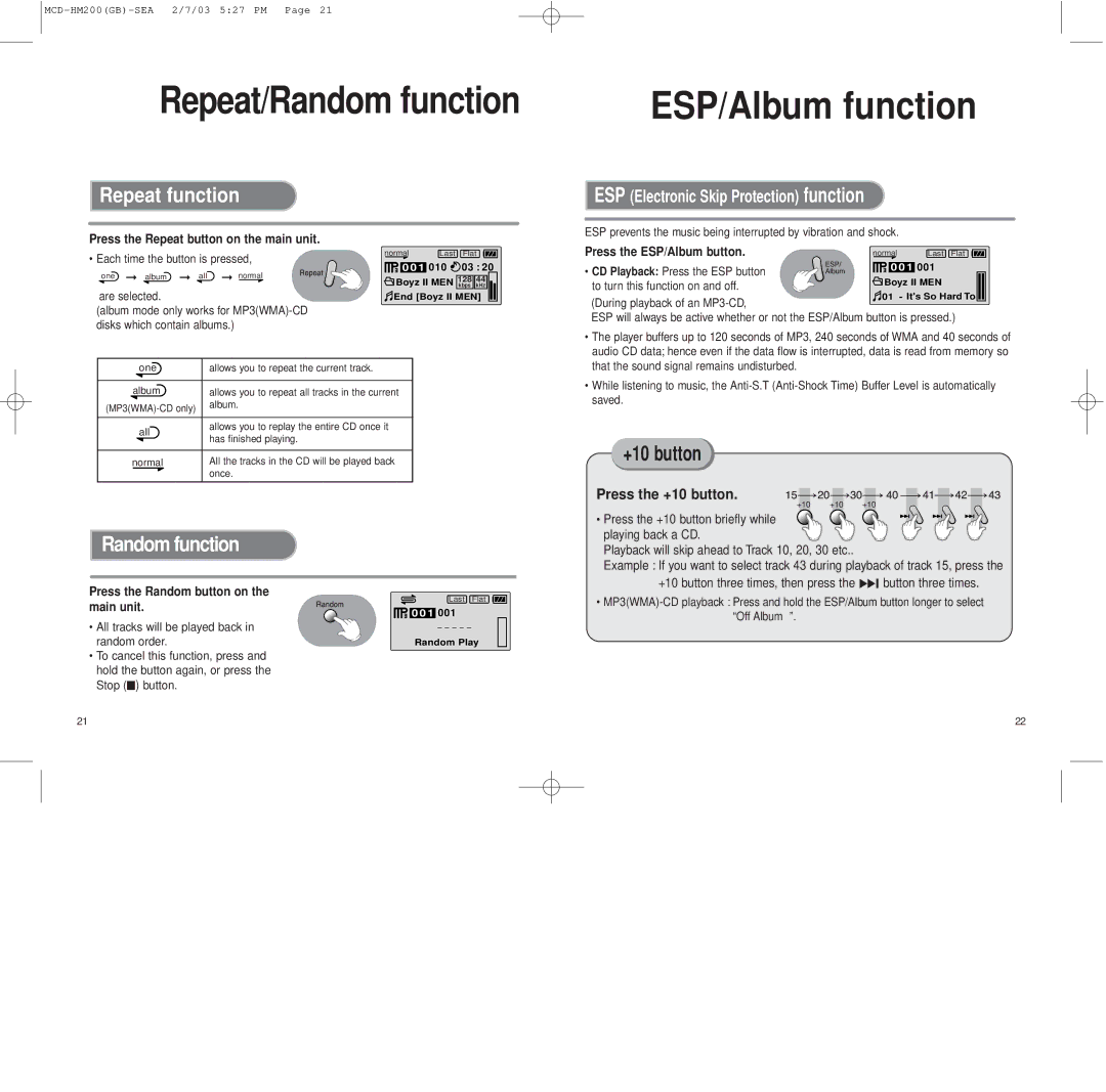 Samsung MCD-HM200 instruction manual ESP/Album function, Repeat function, Random function, +10 button 