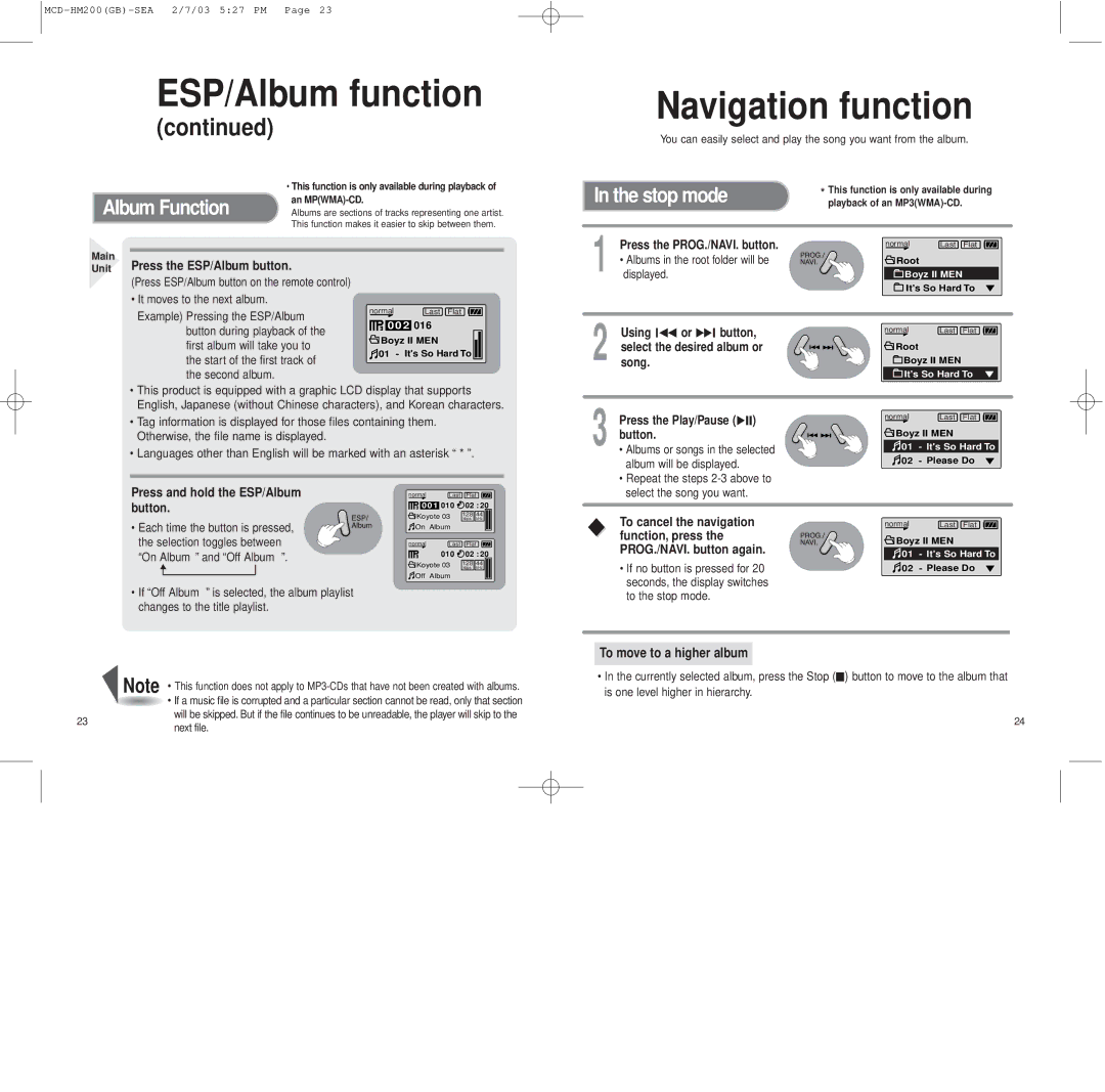 Samsung MCD-HM200 instruction manual Navigation function, Album Function, Stop mode 