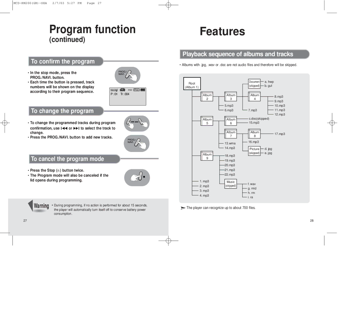 Samsung MCD-HM200 Features, Playback sequence of albums and tracks, To confirm the program, To change the program 