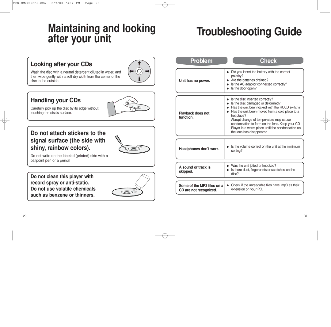 Samsung MCD-HM200 instruction manual Troubleshooting Guide, ProblemCheck, Unit has no power Playback does not function 