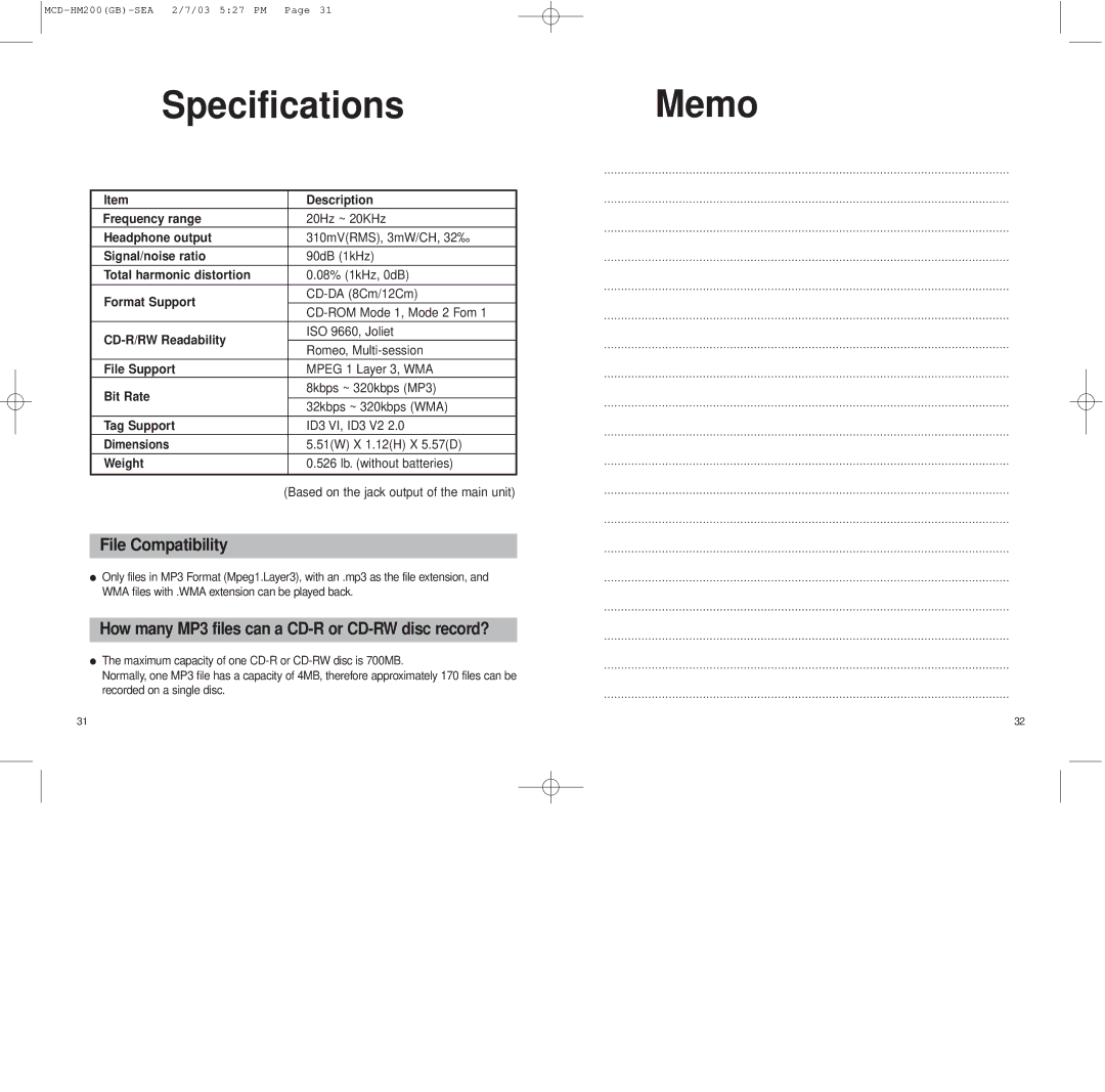 Samsung MCD-HM200 SpecificationsMemo, File Compatibility, How many MP3 files can a CD-R or CD-RW disc record? 