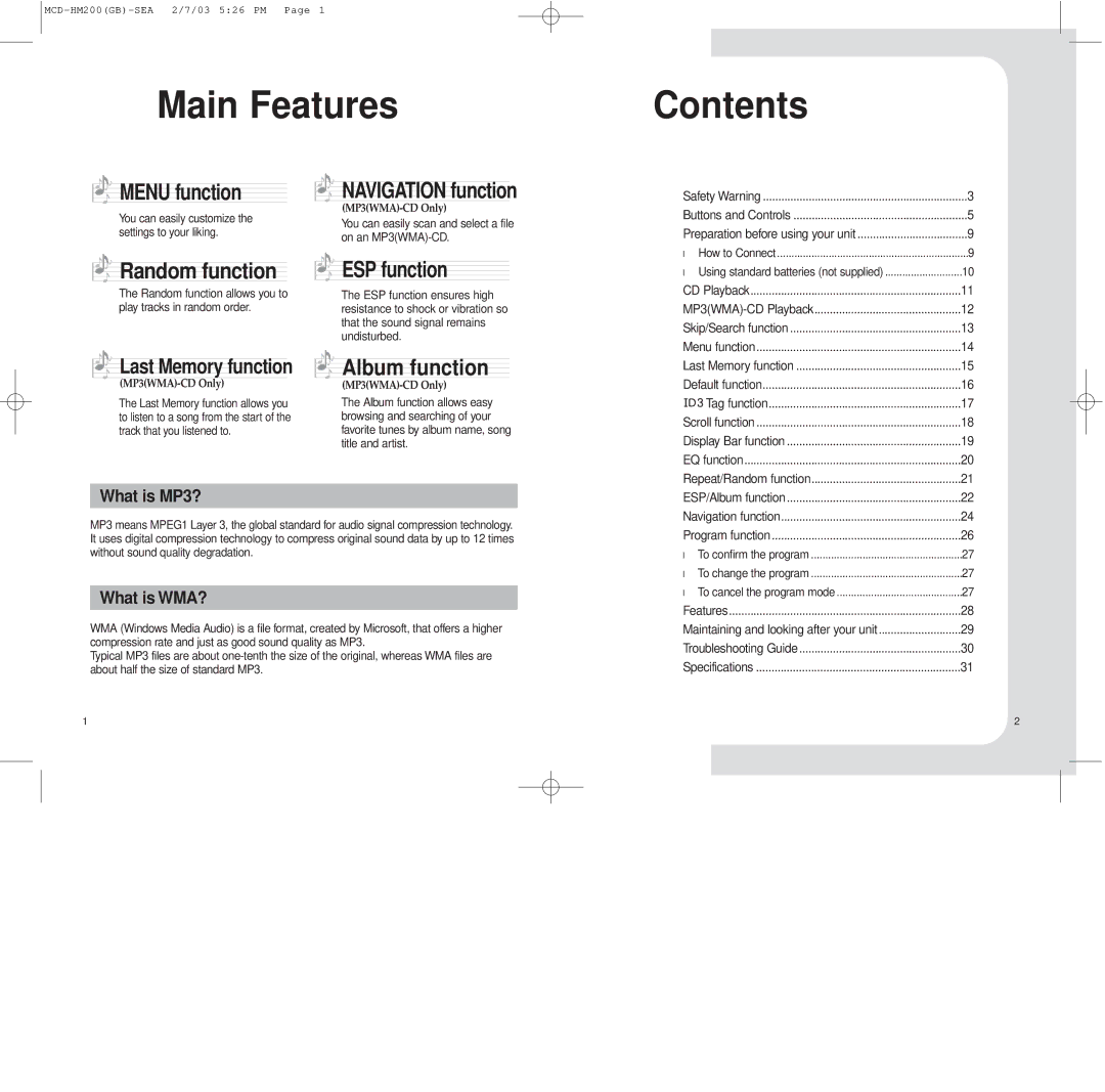 Samsung MCD-HM200 instruction manual Main Features Contents 