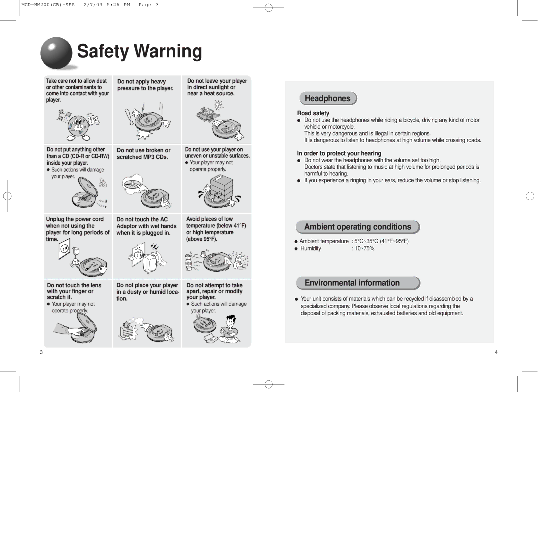 Samsung MCD-HM200 instruction manual Safety Warning, Headphones, Ambient operating conditions, Environmental information 