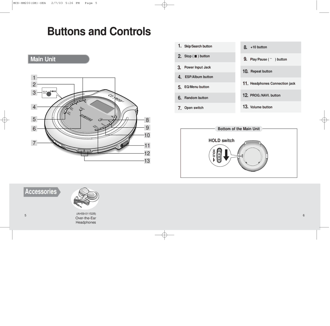 Samsung MCD-HM200 instruction manual Buttons and Controls, Accessories, Bottom of the Main Unit 